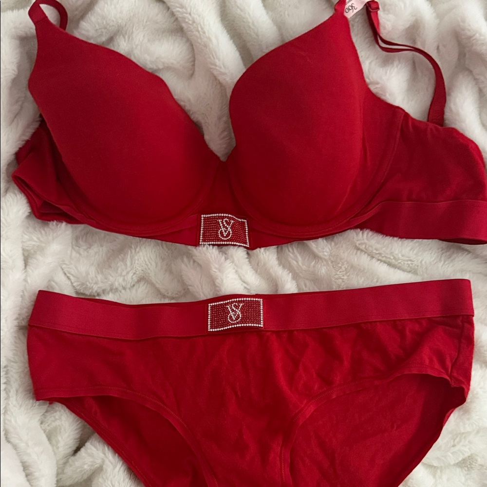Victorias Secret red rhinestone t shirt bra and underwear Women's Intimates Set